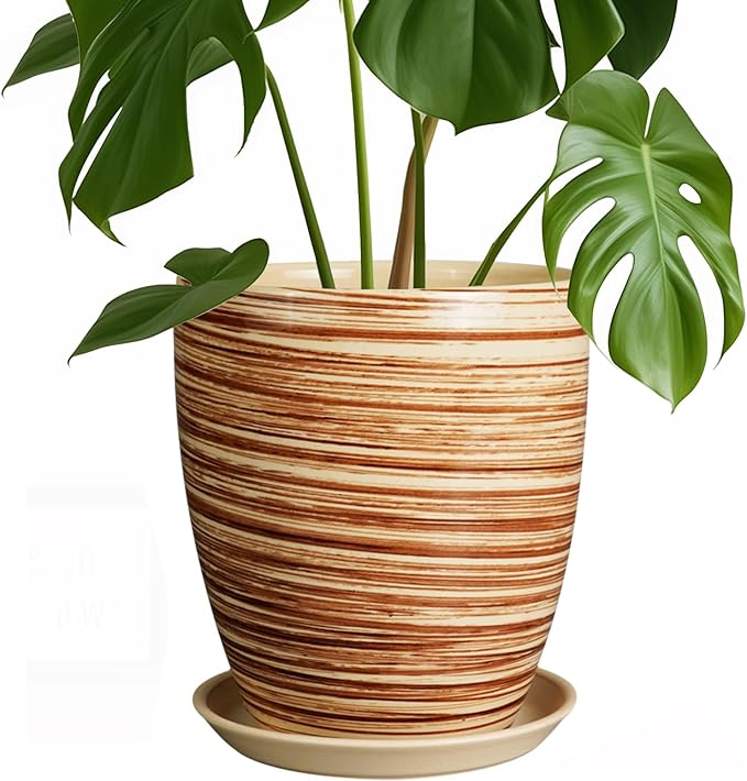 8 Inch Plant Pot, Ceramic Planter with Drainage Hole and Saucer Large Flower Pot for Home Patio Garden Office, Yellow