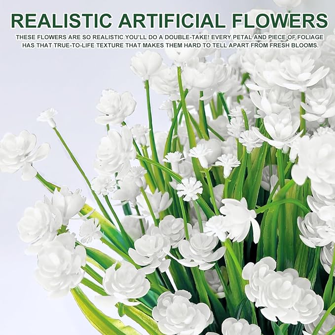 12 Bundles Artificial Flowers for Outdoors Summer Decor, Realistic UV Resistant Fake Plants Faux Plastic Flowers for Outside Planter Home Gardens Patio Porch Yards Spring Cemetery Decor(White)