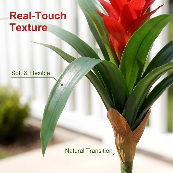 Artificial Flowers for Outdoors, Fake Bromeliad Flowers, Real Touch Fake Plant, Fake Flower for Decor Living Room Home Office Desk, 18 inch, 2 Pcs No Pot (Red)