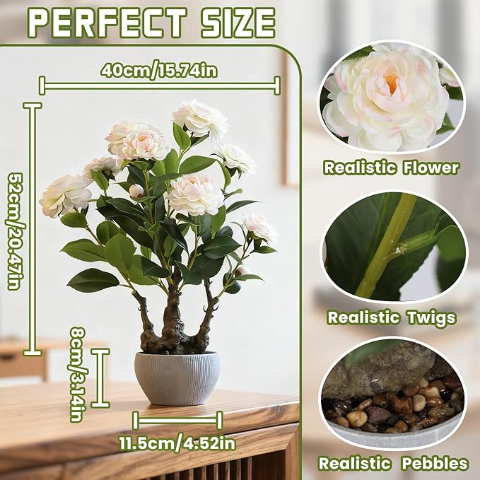 TOARTi Artificial Camellia Potted Plant with Stone Pot, 20.5" Tall Fake Potted Flowers Faux Plants Desk Plant, Realistic Decorative Plants Indoor Decor for for Home Bedroom Bathroom Office Desk
