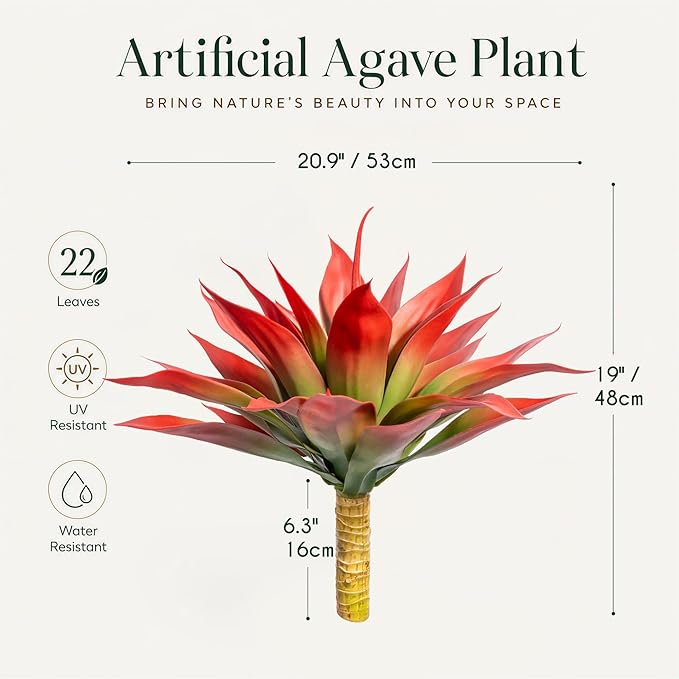 Ttranewsoo Artificial Agave Plants,Large UV Resistant Fake Agave Planters for Indoor and Outdoor Decorating Tropical Plant Succulents Greenery Indoor Decor (2Pack,22" Red)