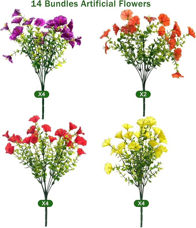 Fanfantoey Artificial Flowers for Outdoor, UV Resistant Fake Plants Outside Decoration, 14 Pcs Realistic Silk Morning Glory Faux Flowers for Porch Patio Gardens Home Decor(14, 4 Mixed)