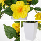 Briful Artificial Hanging Hibiscus Flowers Potted Plant – Faux Tropical Hibiscus with Silk Petals & Lush Leaves – White Square Pot – Yellow Fake Flower for Indoor Outdoor Porch Patio Decor