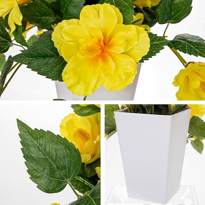 Briful Artificial Hanging Hibiscus Flowers Potted Plant – Faux Tropical Hibiscus with Silk Petals & Lush Leaves – White Square Pot – Yellow Fake Flower for Indoor Outdoor Porch Patio Decor