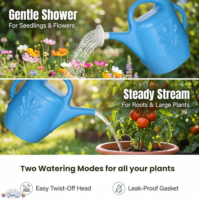 PMU 2 Gallon Watering Can - Garden Watering Can for Indoor & Outdoor Plants - Plastic Water Can with Detachable Sprinkler Head - Large Water Pot, Made in USA - Blue Pkg/12