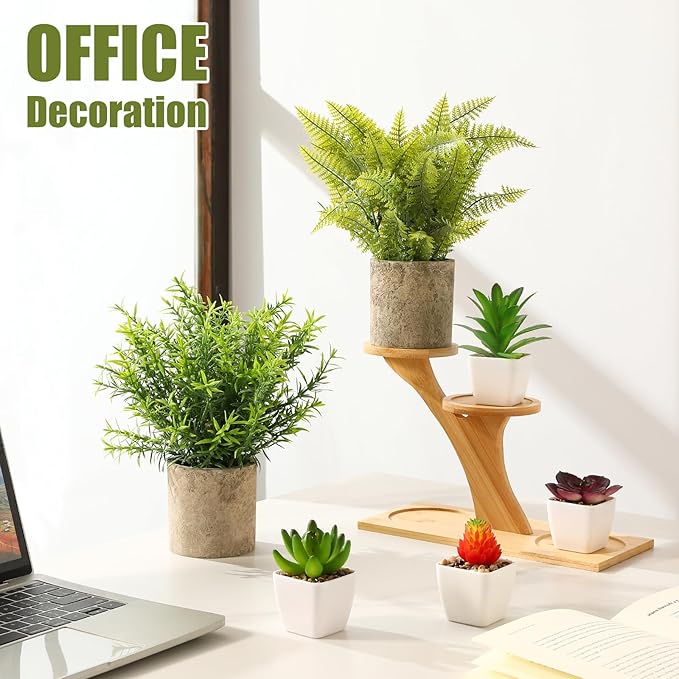 Veryhome 6Pcs Small Fake Plants - Mini Succulents Plants Artificial Greenery Potted Plant Indoor, Faux Rosemary Fern in Pots for Home Room Office Desk Table Shelf Bathroom Modern Farmhouse Decor