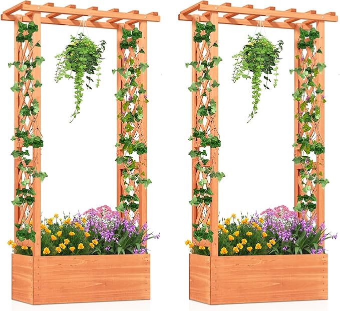 HAPPYGRILL Raised Garden Bed with Trellis, 2 Pack Wood Elevated Garden Bed with Hanging Roof, Planter Box, Drainage Holes for Climbing Plants, Flowers, Vegetables, 31" L x 14" W x 60" H