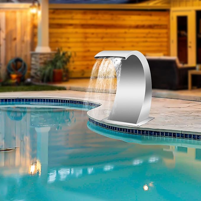 Pool Waterfall Fountains, Stainless Steel Rectangular Pool Waterfall Spillway with Pipe Connector for Indoor/Outdoor Decorative (7.9 Inch)