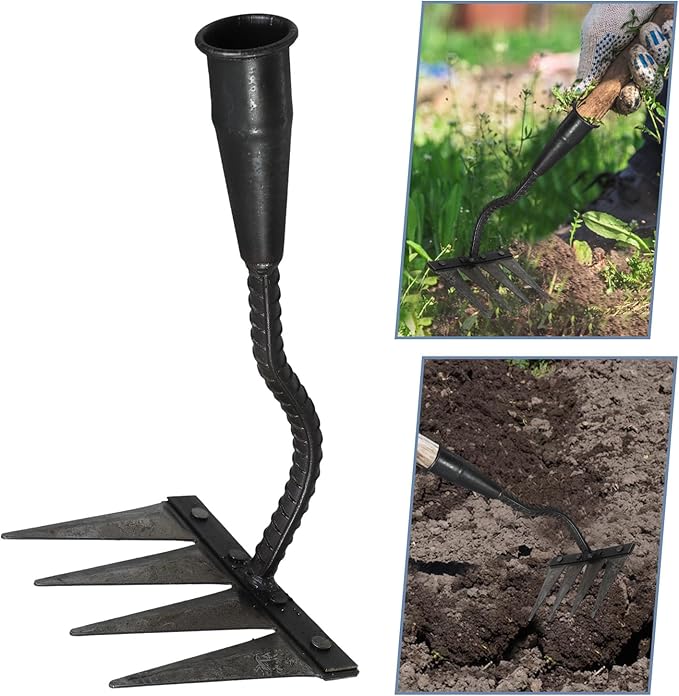 Garneck Heavy Duty Small Garden Rake with 4 Sharp Teeth, Reinforced Steel Manual Weeding Rake for Soil Turning and Lawn Leveling, Sturdy Hand Tool for Gardening and Landscape Care