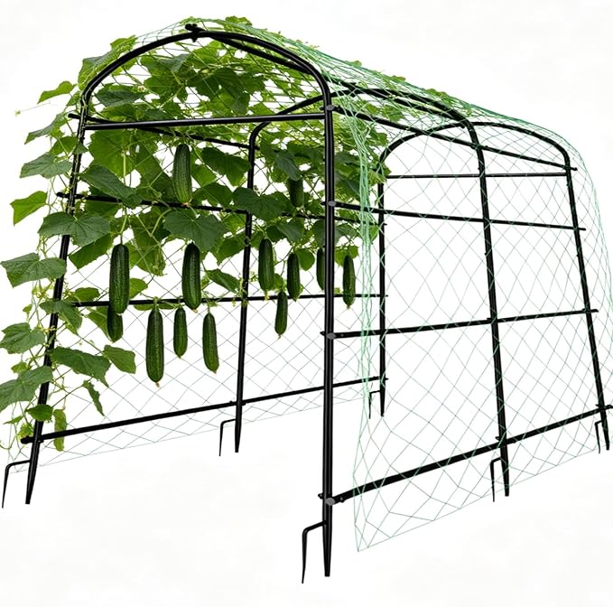 unho 87inch Metal Garden Trellis Arch for Climbing Plants - Polyethylene-Coated Anti-Rust, Heavy Duty, Wide Walk-Through Outdoor Arch with Net, for Cucumber Tomato Squash Zucchini Peas Grape Flowers