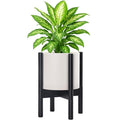 D'vine Dev Planter Pot with Stand - 8 Inch Plastic Cylinder Flower Pot with Wood Planter Holder for Indoor, Oatmeal Pot + Ebony Stand, 55-C-K-4