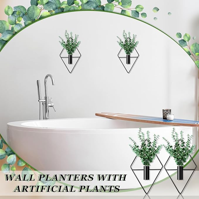 Canlierr 2 Pieces Wall Decor Hanging Planters with Artificial Plants Metal Hanging Vase Indoor Plants Holder Modern Boho Wall Art for Bathroom Bedroom Living Room Decor(Black,Eucalyptus)