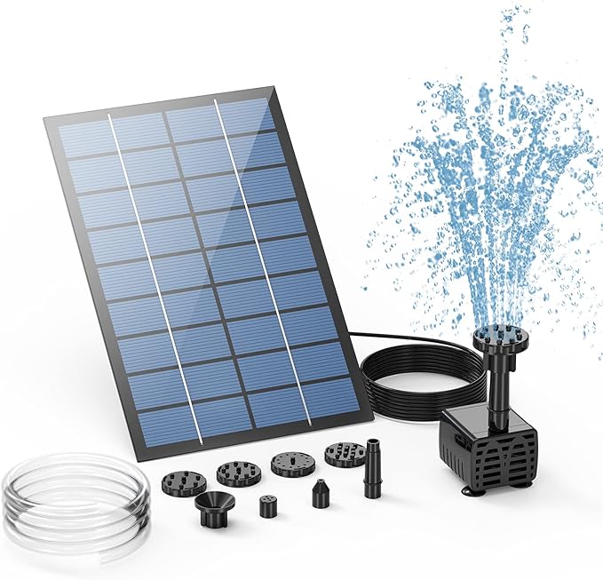 AISITIN 2.5W Solar Fountain Pump, DIY Outdoor Solar Water Fountain with 6 Nozzles and 4ft Water Pipe, Solar Powered Pump for Bird Bath, Ponds, Garden and Fish Tank Garden, Pond