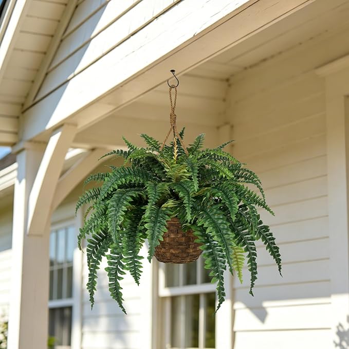 Hollyone Large Fake Hanging Ferns 49 Leaves Boston Ferns Artificial Plants Outdoor Indoor Potted Plant 23.6inch Faux Fern in Baskets Pot Artificial Hanging Fern Bush Plant for Patio Garden Porch Decor