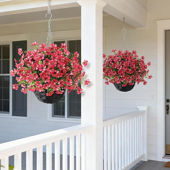 Artificial Flower & Eucalyptus with Hanging Basket - 2PCS Faux UV Sun Resistant Morning Glory in Planter, Fake Colorful Silk Flowers for Spring Summer Porch Patio Balcony Yard Decor (Rose Red)