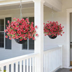 Artificial Flower & Eucalyptus with Hanging Basket - 2PCS Faux UV Sun Resistant Morning Glory in Planter, Fake Colorful Silk Flowers for Spring Summer Porch Patio Balcony Yard Decor (Rose Red)