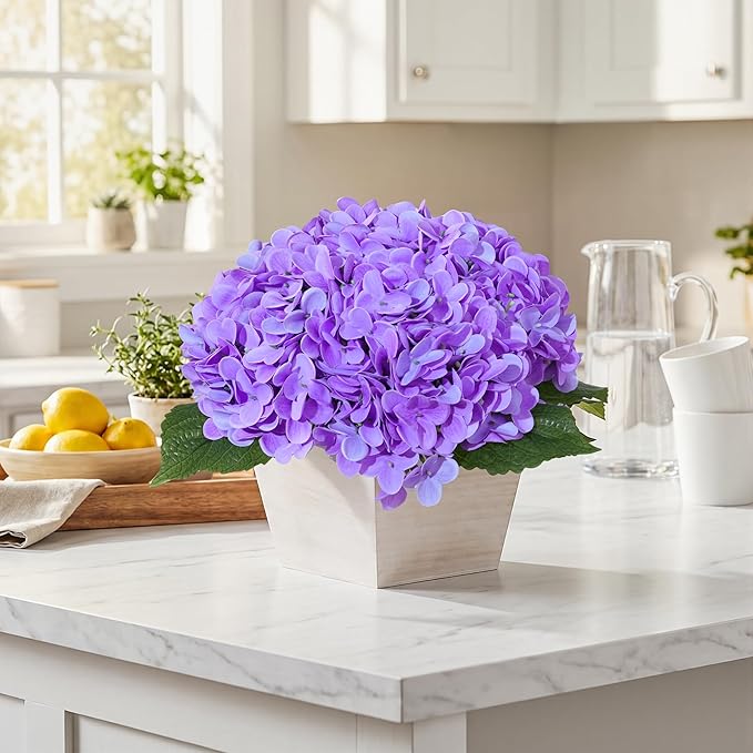 Artificial Hydrangea Flowers Arrangement in Wood Planter, 4PCS Fake Purple Flowers in Wooden Vase Potted Floral Centerpieces for Tables Living Room Home Office Room Shelf Kitchen Decor