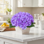 Artificial Hydrangea Flowers Arrangement in Wood Planter, 4PCS Fake Purple Flowers in Wooden Vase Potted Floral Centerpieces for Tables Living Room Home Office Room Shelf Kitchen Decor