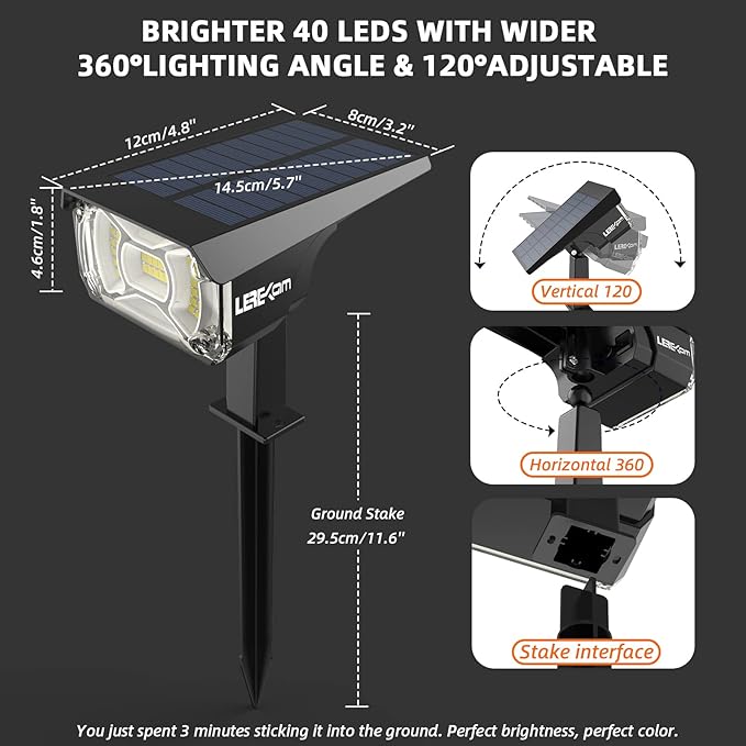 LEREKAM Solar Lights Outdoor Waterproof Landscape Lights, 40 LEDs Solar Spot Lights Outdoor Spotlights with 3 Light Modes, USB & Solar Powered Garden Yard Wall Lights Auto On/Off for Patio 6 Pack
