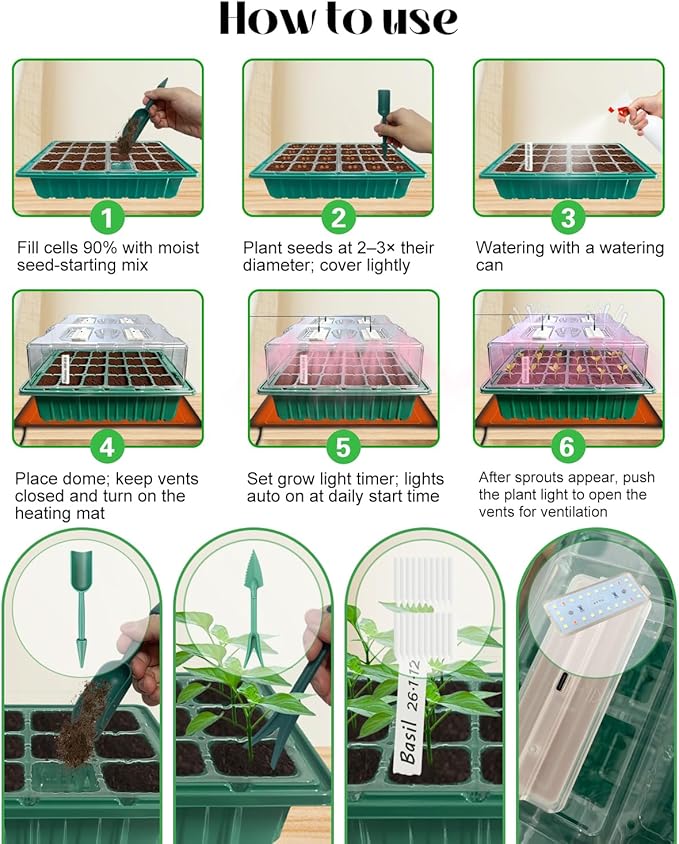 Seed Starter Trays with Grow Lights and Heat Mat, 2 Pack Seed Starter Kit with Humidity Dome and Timing Controller, Adjustable Vent and Brightness, Ideal Germination Tray for Seed Starting and Growing