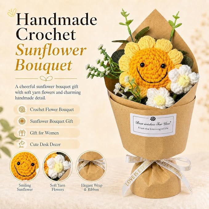 PXFCXVMQ Crochet Flower Bouquet Sunflower Bouquets Knitted Flowers Crocheted Flowers Handmade Sunflower Bouquet for Mother's Day,Graduation,Birthday,Teacher Appreciation Gift with Card and Giftbox