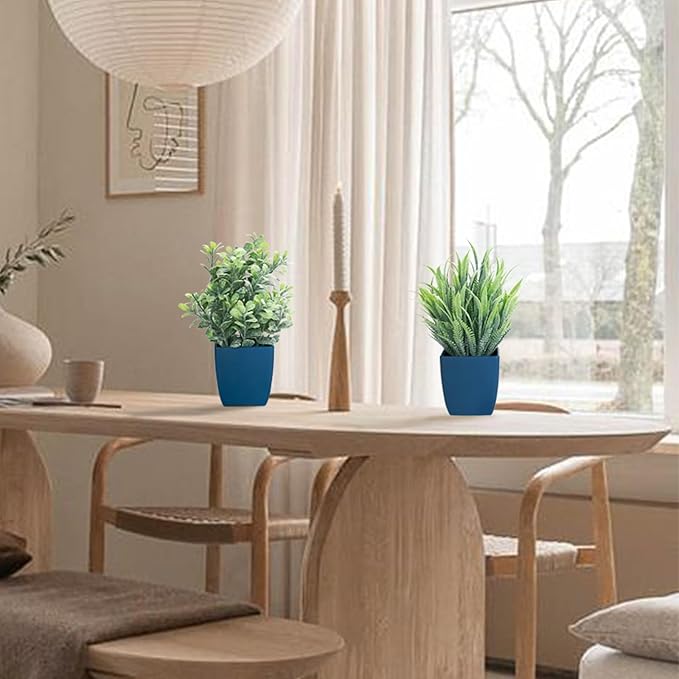summer flower 2 Pack Fake Plants in Pot Small Artificial Eucalyptus Potted Plant Faux Rosemary in Pot Greenery for Home Decor Indoor Office Shelf Table Desk Bathroom Decoration (Blue-2)