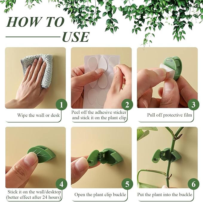 60PCS Plant Wall Clips with Self Adhesive Stickers - Vine Clips for Climbing Plants, Leaf Shaped Invisible Plant Support for Pothos Ivy, Indoor Outdoor Cable Management