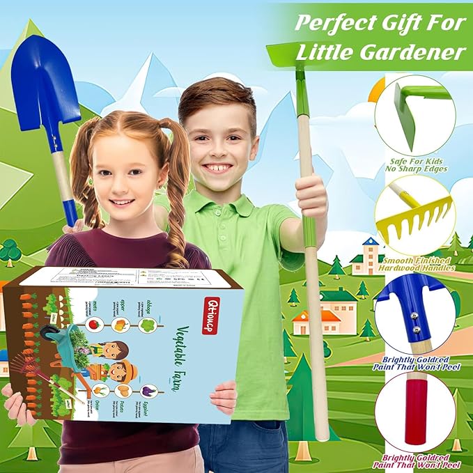 Kids Gardening Set with Wheelbarrow, Real Metal Garden Tools for Kids Ages 3-8, 4 Long Handle Tools, 3 Hand Tool, Gloves, 5 Stickers, Handbook, Outdoor Backyard Toys for Toddler Gift