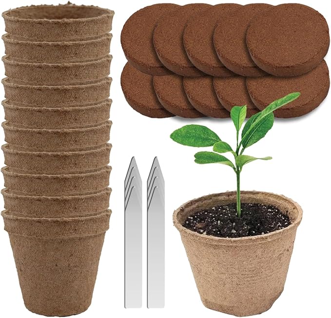 Seedling Starter Kit Germination Grow Cups and Soil (10 Pack) Biodegradable Peat Pots, Coco Coir Soil Discs, Plant Markers - Organic Grow Kit for Seed Germination, Indoor/Outdoor (3)