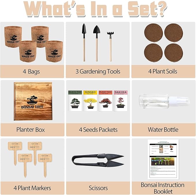 Bonsai Garden Starter Kit, 4 Seeds Growing into Sakura, Ginkgo, Black Pine, Red Flame, Including Complete Gardening Tools & A Planter Box with Cover for Men Women Beginners