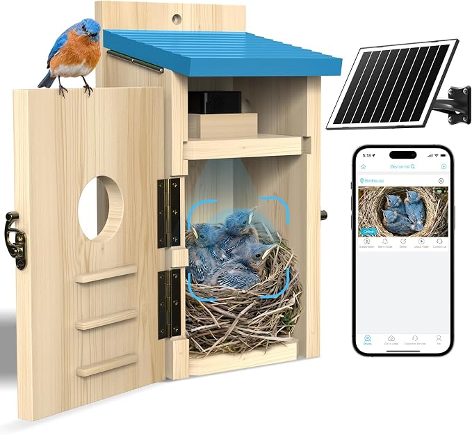 Bird House with Camera Solar Powered, Wi-Fi,Motion Detection & Night Vision,Pine Wood Birdhouse with Camera Inside,Ideal for Backyard & Nature Lovers(Light Blue)