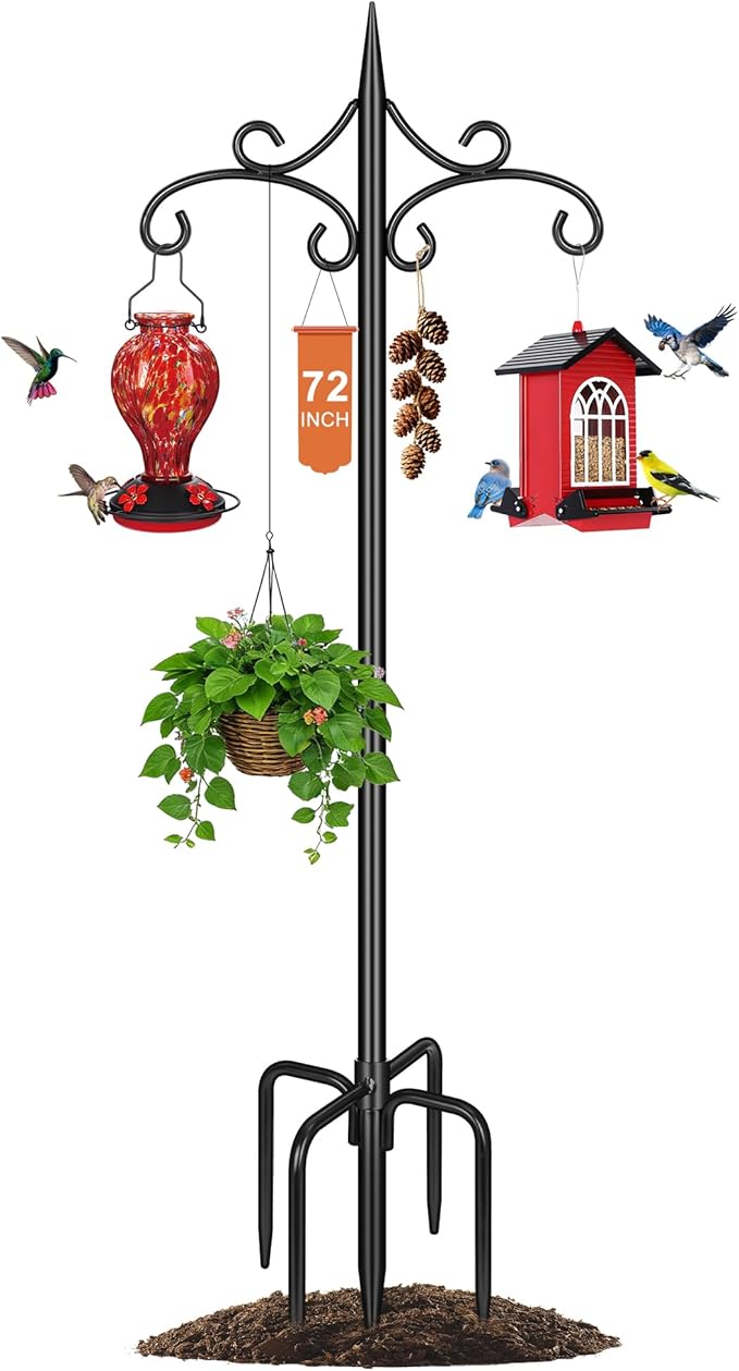 Heavy Duty Double Shepherd Hooks for Outdoor with 5-Prong Base, 72inch Adjustable Decorative Metal Bird Feeder Pole for Hanging Bird Nests, Plant Baskets, Solar Lights, Lanterns, 1 Pack