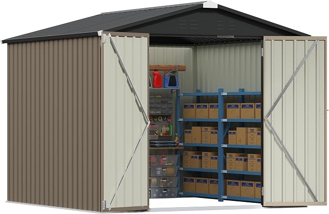 Patiowell Outdoor Storage Shed 8x8 FT, Heavy Duty Tool Metal Sheds with Lockable Doors and Updated Frame Structure for Backyard Patio Lawn, Brown