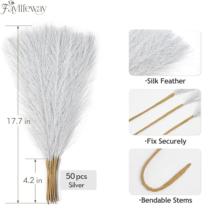 50PCS Pampas Grass Decor, 17" Silver Pampas Grass, Fluffy Small Pampas Grass for Vase Filler Home Wedding Wall Table Party Decoration