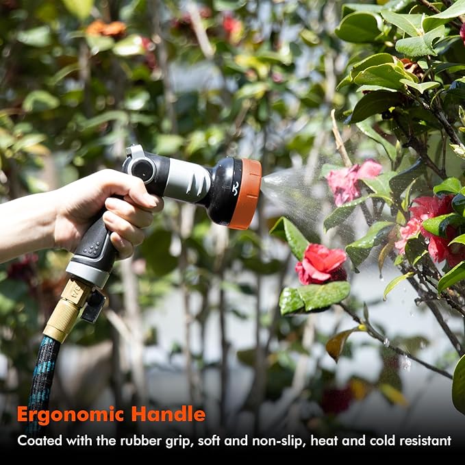RESTMO Multi-Angle Garden Hose Nozzle with Sprinkler Function, Heavy Duty Water Hose Nozzle with 4 Spray Patterns, Magic Twist and Thumb Flow Control for Garden Watering, Car Washing & Yard, Orange