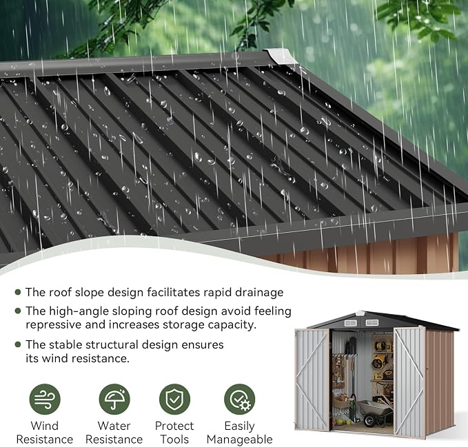 Aoxun 6.2x4 FT Shed Outdoor Storage Shed with Lockable Doors & Slooping Roof Metal Garden Tool Shed for Backyard, Patio, Poolside (Brown)