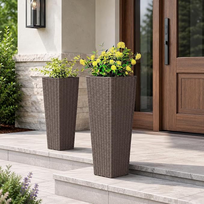 Giantex Set of 2 Planters for Outdoor Plants, Tall Tapered Plants w/Inner Trays, Drainage Holes, Decorative PP Flowerpots 32" & 24" Tall for Porch, Patio, Garden, Backyard, Indoors & Outdoors (Coffee)