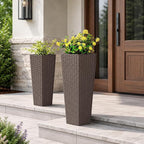 Giantex Set of 2 Planters for Outdoor Plants, Tall Tapered Plants w/Inner Trays, Drainage Holes, Decorative PP Flowerpots 32" & 24" Tall for Porch, Patio, Garden, Backyard, Indoors & Outdoors (Coffee)