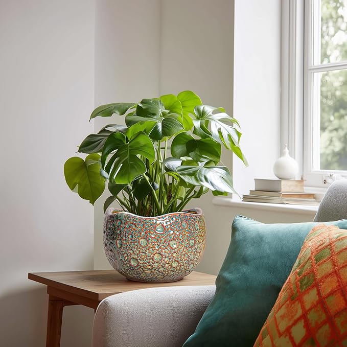 8 Inch Plant Pot - Ceramic Planter for Indoor Outdoor Plants, Unique Pots for Plants with Drainage Hole and Plug, Round Planter, Garden Decor, Gifts for Plant Lovers, Speckled-Brown