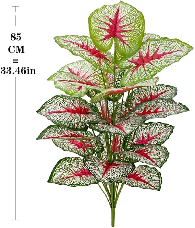 Artificial Caladium Plant with Red and Green Leaves, Red Leaf Artificial Plants Decoration Simulated Bonsai Potted Decor Home Room Party Wedding Office Floor (White(No Flowerpot), 85cm)