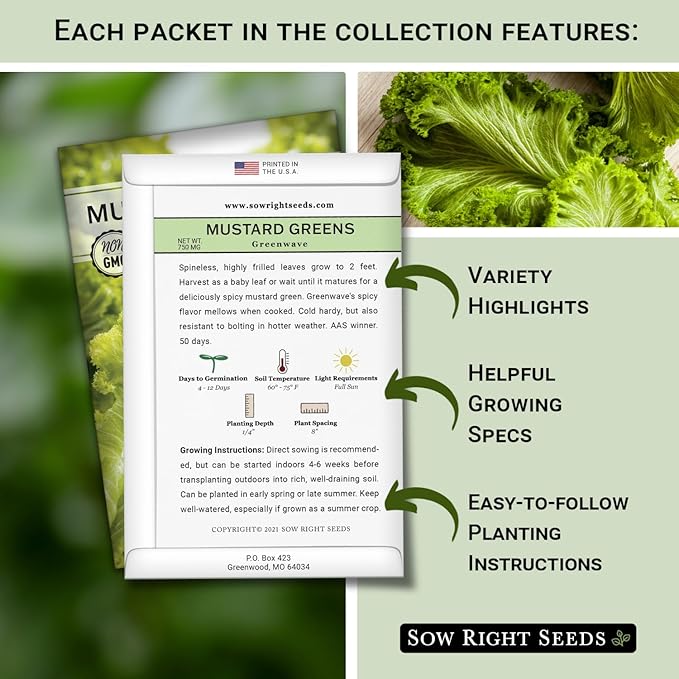 Sow Right Seeds - Power Greens Seed Collection for Planting - Spinach, Arugula, Kale, Mustard Greens and Rainbow Swiss Chard - Non-GMO Heirloom Seeds to Plant and Grow a Home Vegetable Garden