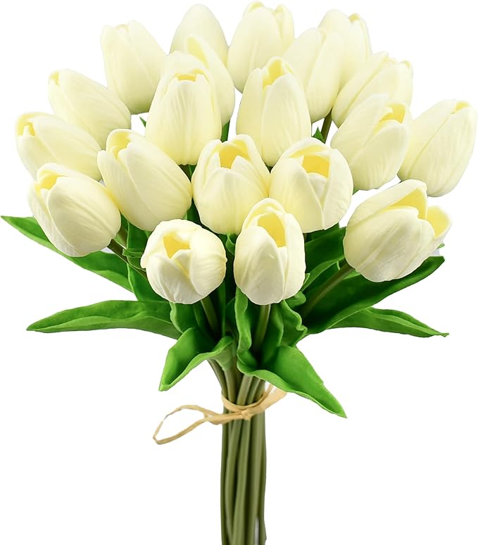 Mandy's Cream Artificial Tulips Flowers Centerpiece, 13.5" Lifelike PU Fake Floral Stems 20pcs for Kitchen Island & Dining Table, Spring Decor for Easter