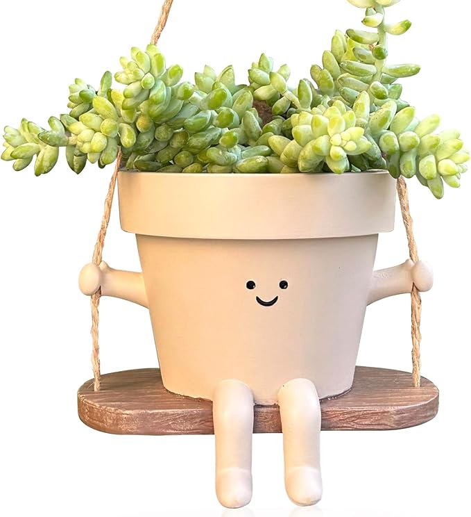 Swing Face Planter Pot Hanging Cute Flower Head Planters - Unique Sitting Sway Pots Indoor Outdoor Plants Succulent Pot String of Pearls Plant Live Resin Flower Pots Gift Ideals for Mother, Christmas