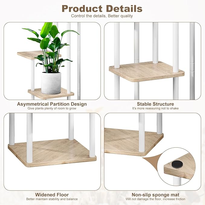 5 Tier Plant Stand Indoor, Thickened Metal Wood Corner Plant Shelf Stands for Multiple Plants, Indoor Tall Plants Stand Tiered Flower Holder for Living Room Patio Garden Balcony(White+Oak)