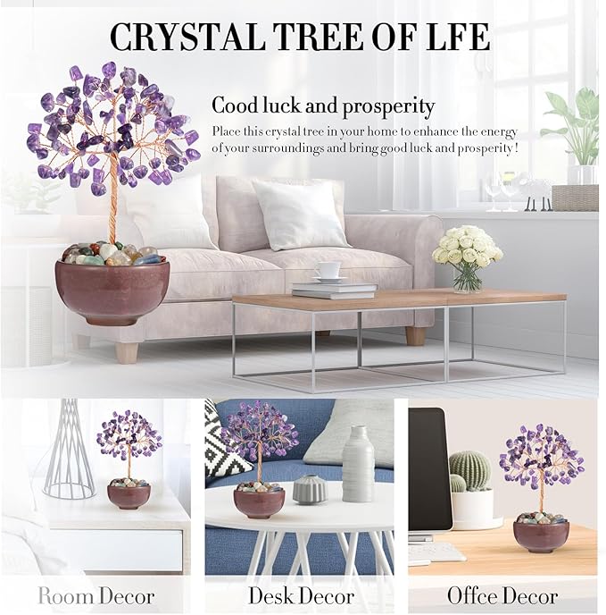 Amethyst Crystal Tree with Ceramic Base,Natural Gemstone Feng Shui Money Tree for Wealth,Good Luck & Positive Energy,Handmade 5 Inch Healing Abundance Bonsai for Home Office Decor