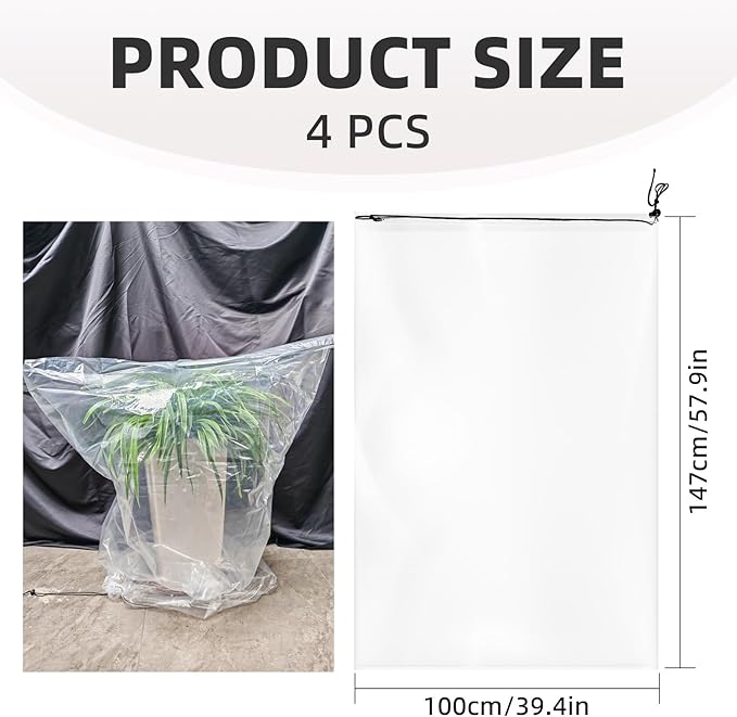 4 PCS Winter Plant Film Covers with Drawstring- 39.4" x59" Transparent Freeze Protection Bag Clear Plastic Plant Shelter Waterproof Coverings for Outdoor Garden Plant Rain Snow Frost Protection