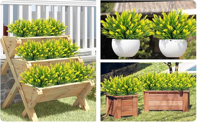 obbsie 12 Bundles Artificial Plants Outdoor, 18.2" UV Resistant Faux Monkey Grass Greenery Stems No Fade Faux Plastic Flowers Shrubs for Home Weddings Garden Porch Front Patio Office Decor - Yellow