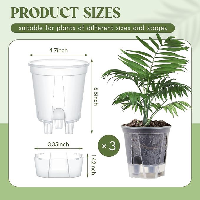 Wonderjune Self Watering Pots for Indoor Plants with Deep Reservoir and High Drainage Holes for Outdoor Plants and Flowers, Bare Root Planter(4.72'',Clear,3 Pcs)