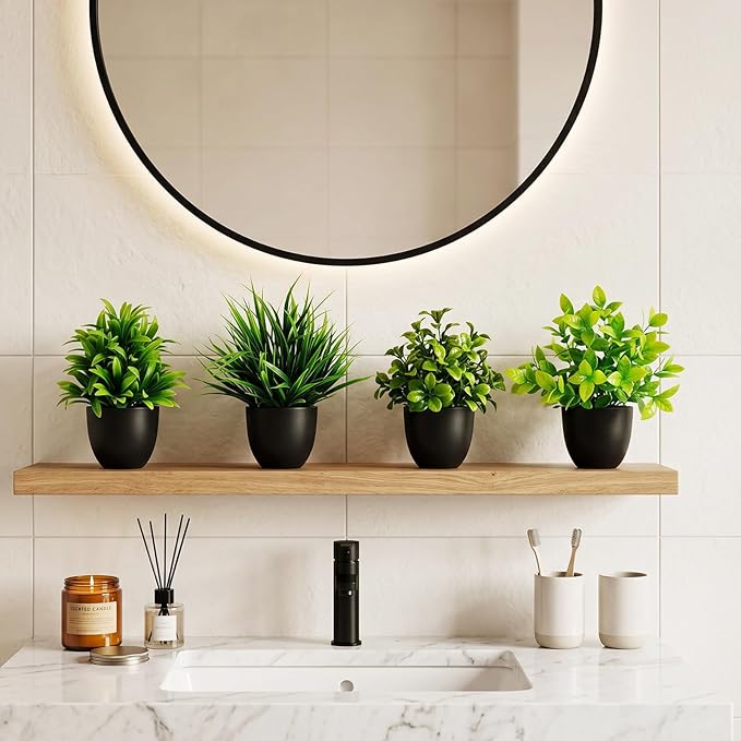 4 Pack Fake Plants Small Artificial Potted Plants for Home Office Desk Decor, Mini Faux Greenery with Black Pots, Assorted Artificial Grass & Leaf Plants for Indoor Shelf Bathroom Kitchen Decoration