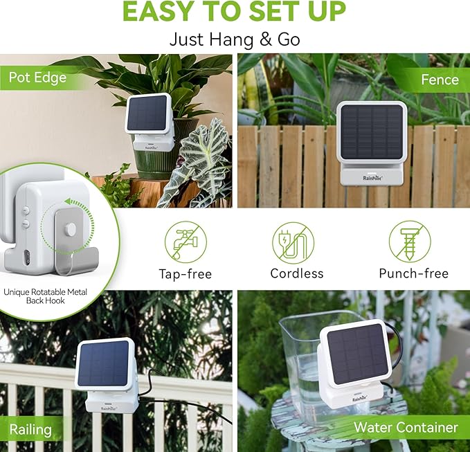 RAINPOINT WiFi Solar Auto Watering System with Two Smart Digital Soil Sensors for House Potted Plants
